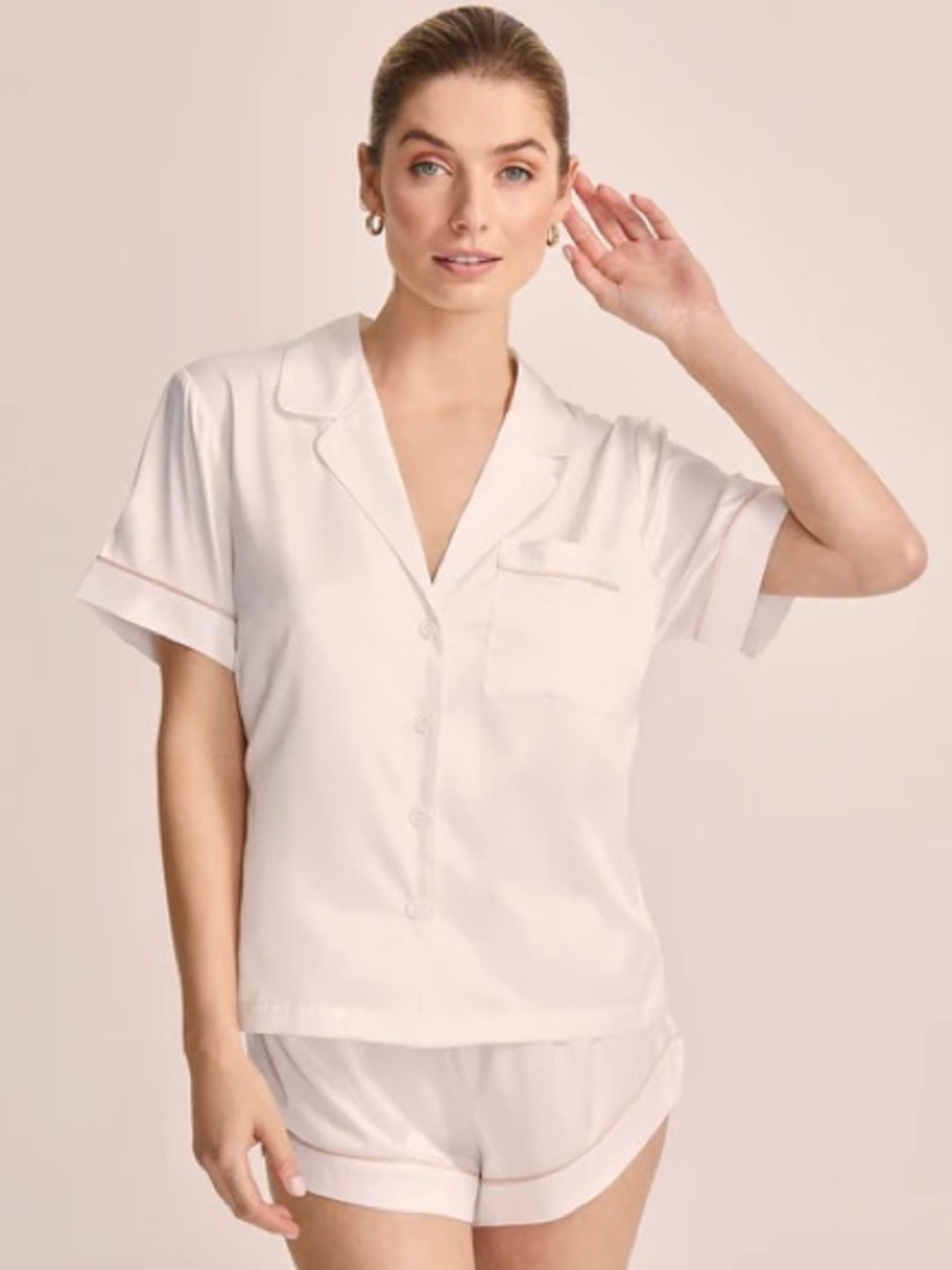 Homebodii Grace Short Piping Set White Satin Pajama Set Bridal Lounge Medium